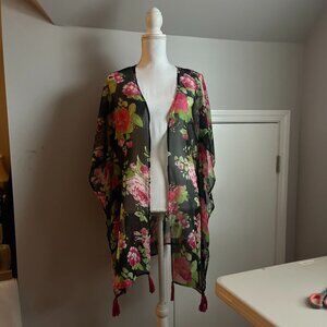 America & Beyond Elegant Sheer Floral Kimono Black with Pink Tassels sz M